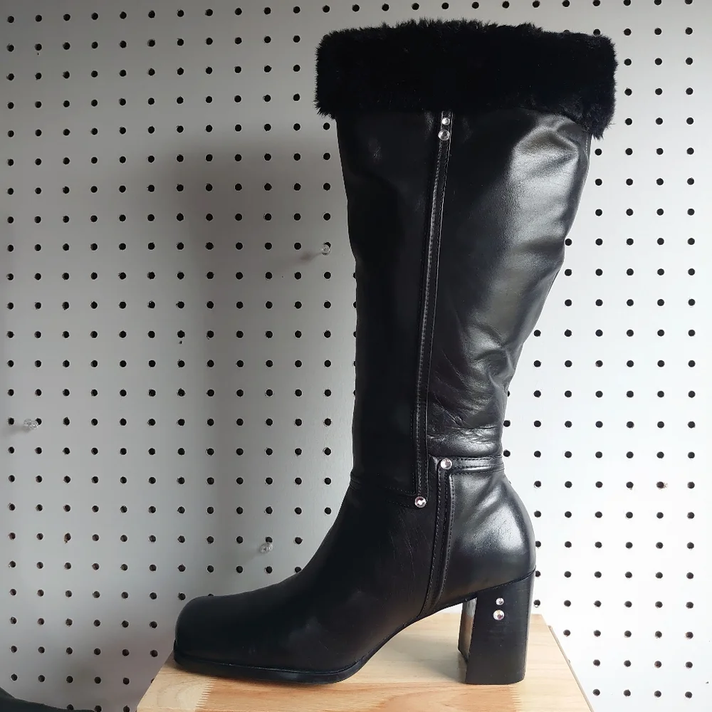 Westies Chunky Heel Block Leather, Fur And Rivet Rhinestone Winter Boots Black - Picture 5 of 14
